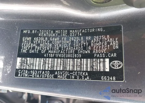 2014 Toyota Camry L/Se/Le/Xle из США, поврежденный, VIN 4T1BF1FK0EU802839